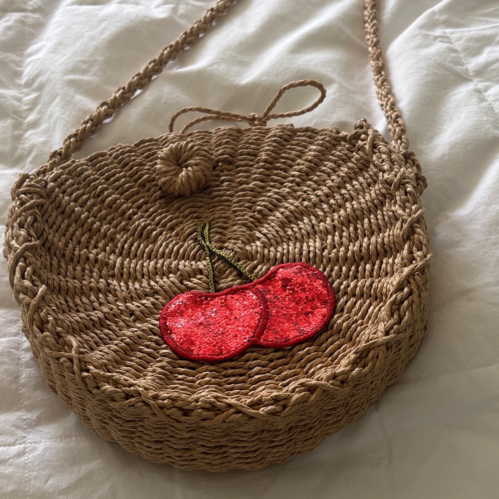 Eram Cherry Embroidered Straw Crossbody Bag